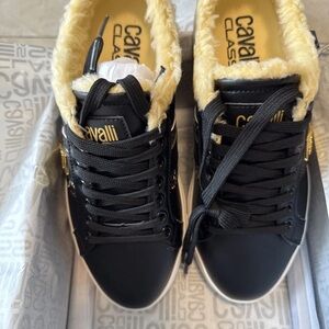 Cavalli Class Black Sneakers with Yellow Shearling Collar and Gold Accents